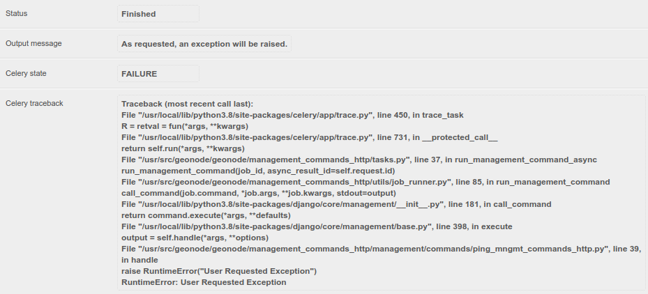 Management command job status with a traceback message.